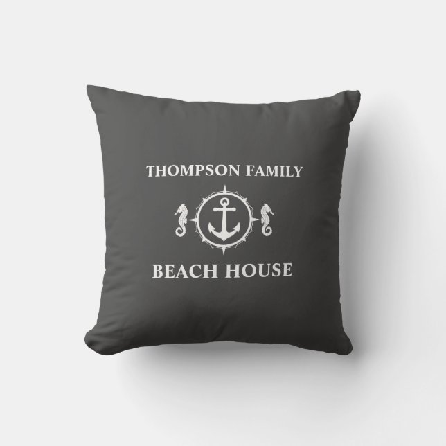 Family Beach House Seahorse Nautical Anchor Grey Kussen (Voorkant)