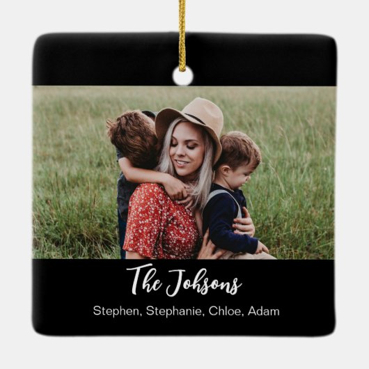 Family Black White Script Photo Keramisch Ornament (Achterkant)