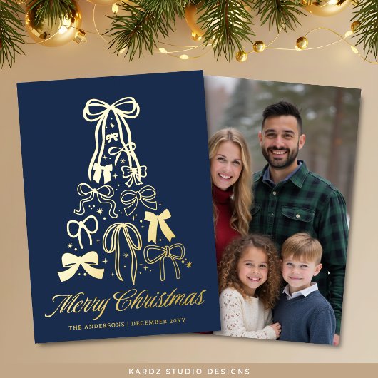 Family Bows Tree Blue Christmas Gold Foil Kaart