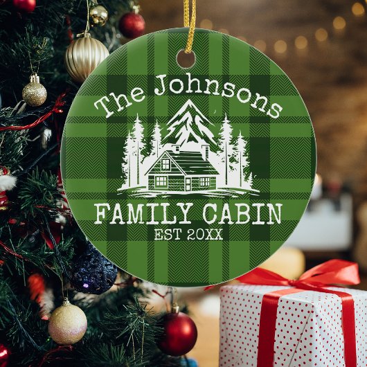 Family Cabin Groen geruite Thema Naam Gepersonalis Keramisch Ornament
