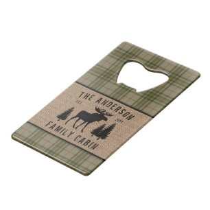 Family Cabin Moose Pine Trees Green Play Burlap Creditkaart Flessenopener