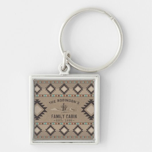 Family Cabin Rustic Southwest Tribal Cactus Square Sleutelhanger (Voorkant)
