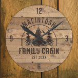 Family Cabin Rustic Wood - Aangepast Ronde Klok<br><div class="desc">Creëer is een gepersonaliseerde huiswandklok met een bijtende, landelijke houten plank met bospijnbomen en NAME FAMILY CABIN en de datum van het jaar of een andere bruine tekst. De steekproef wordt getoond in de 8 duim ronde optie; kies 10.75 duim of vierkant op de het opdracht geven pagina. BIJSTAND: Neem...</div>