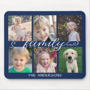 Family Calligraphy Navy Blue 6 Photo Collage Muismat