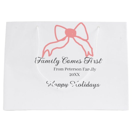 Family comes first red bow family name holidays groot cadeauzakje (Voorkant)