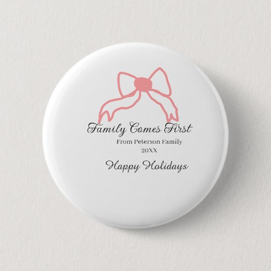 Family comes first red bow family name holidays ronde button 5,7 cm (Voorkant)
