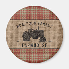 Family Farmhouse Tractor Red Play Burlap Round Magneet