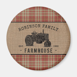 Family Farmhouse Tractor Red Play Burlap Round Magneet