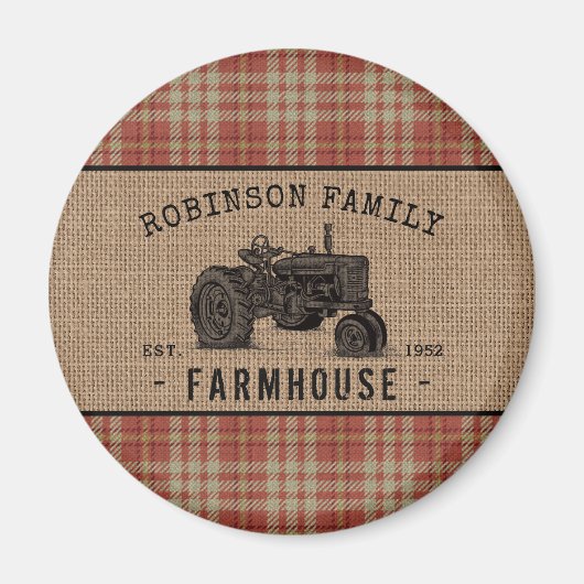Family Farmhouse Tractor Red Play Burlap Round Magneet (Voorkant)