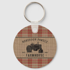 Family Farmhouse Tractor Red Play Burlap Round Sleutelhanger