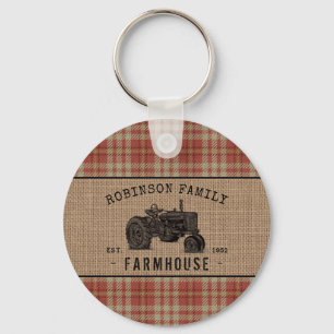 Family Farmhouse Tractor Red Play Burlap Round Sleutelhanger