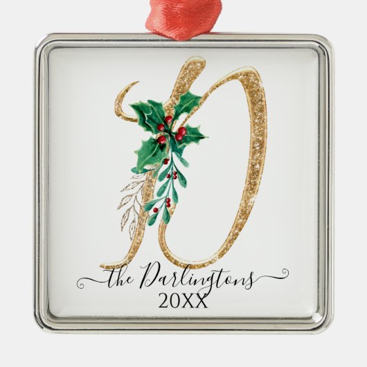 Family Holly Kerstmis Gold Glitter Monogram D Metalen Ornament (Voorkant)