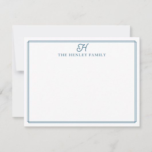 Family Initial Blue Border Monogram Stationery Notitiekaartje (Voorkant)