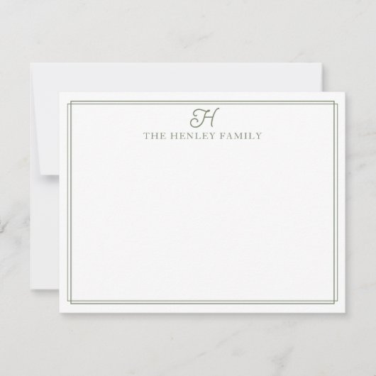 Family Initial Green Border Monogram Stationery Notitiekaartje (Voorkant)
