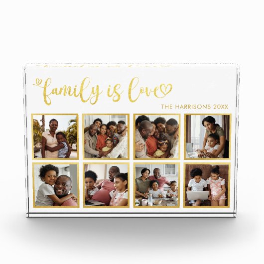 Family is Love Gold Heart Script Photo Collage Fotoblokken (Voorkant)