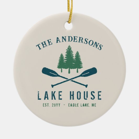 Family Lake House Modern Rustic Boat Oar Pine Tree Keramisch Ornament (Voorkant)