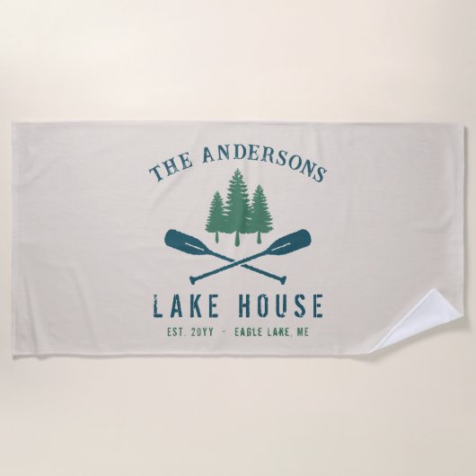 Family Lake House Modern Rustic Boat Oar Pine Tree Strandlaken (Voorkant)