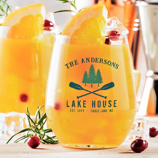 Family Lake House Modern Rustic Boat Oar Pine Tree Wijnglas Zonder Voet