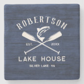 Family Lake House Rustic Navy Blauw Hout Stenen Onderzetter (Voorkant)
