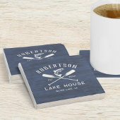 Family Lake House Rustic Navy Blauw Hout Stenen Onderzetter