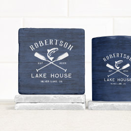 Family Lake House Rustic Navy Blauw Hout Stenen Onderzetter