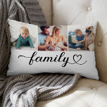 Family Love Black Script 3 Foto Custom Collage Kussen<br><div class="desc">Moderne en stijlvolle,  aangepaste lumbool werpt het strakke ontwerp uit met een fotocollage van drie (3) favoriete vierkante Instagram-stijlfoto's met een eenvoudig en minimaal zwart model van de "Familie" dat elegante bloei en hartdetails bevat. De zwarte en witte kleuren kunnen worden gewijzigd.</div>