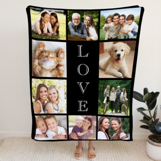 Family Love Multi-Photo Collage Modern Black Fleece Deken