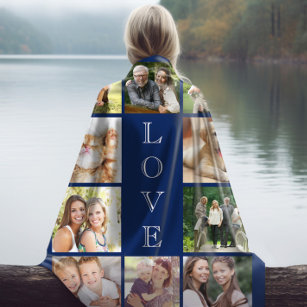 Family Love Multi-Photo Collage Personalized Blue Sherpa Deken