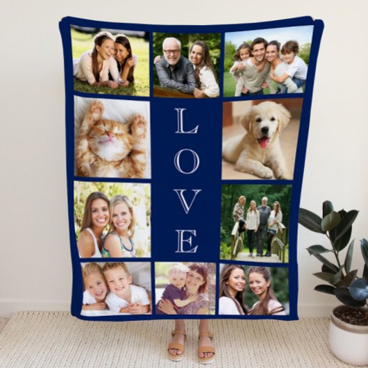 Family Love Multi-Photo Collage Personalized Blue Sherpa Deken