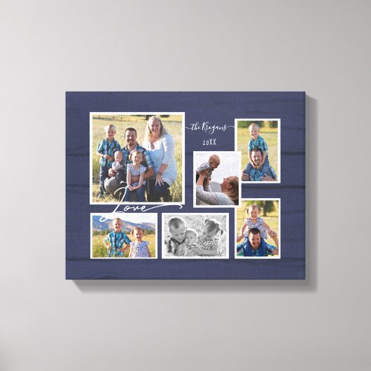 Family Love Navy Wood 6 Fotografie Collage Script Canvas Afdruk (Voorkant)