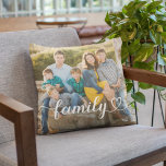Family Love White Script Aangepaste foto Kussen<br><div class="desc">Moderne en stijlvolle aangepaste werpkussens bieden een favoriete foto('s) met een minimale witte "familie"-typografische overlay die elegante bloei en hartdetails bevat. De witte tekstkleur kan worden gewijzigd. 2 het ontwerp van de foto voor / achter staat u toe om een foto op voor en achter of twee verschillende foto's te...</div>