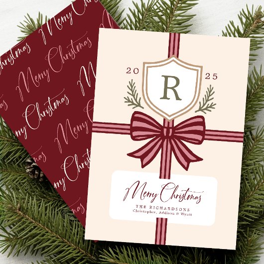 Family Monogram Bow Rustic Non-Photo Holiday Card Feestdagenkaart