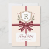 Family Monogram Bow Rustic Non-Photo Holiday Card Feestdagenkaart (Voorkant)