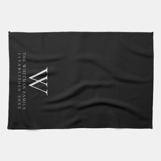 Family Monogram Elegant Black Kitchen Theedoek (Horizontaal)