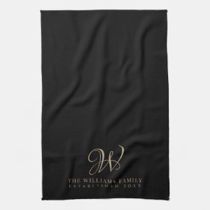 Family Monogram Elegant Script Black Kitchen Theedoek