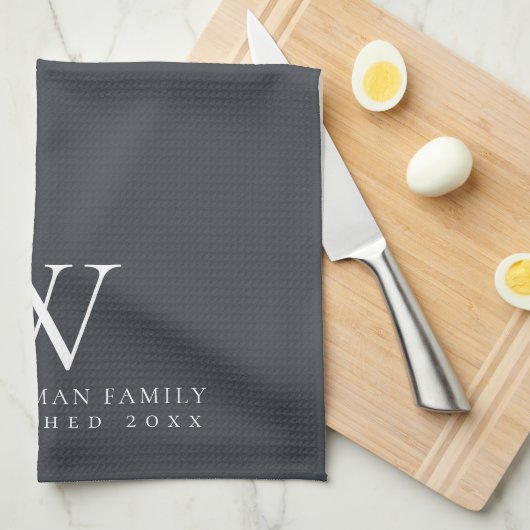 Family Monogram Elegant Slate Grey Ivory Kitchen Theedoek (Quarter Fold)