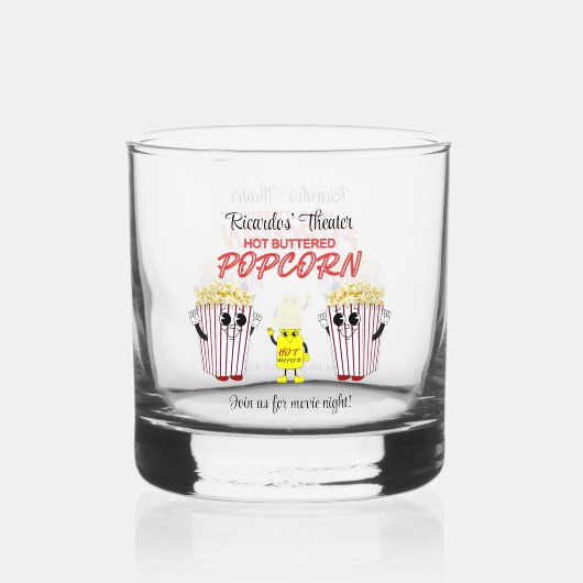 Family Movie Theater Fun Popcorn Mascots Rocks Whisky Glas (Voorkant)