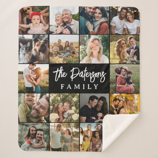 Family Name 18 Photo Collage Modern Elegant Black Sherpa Deken (Voorkant)