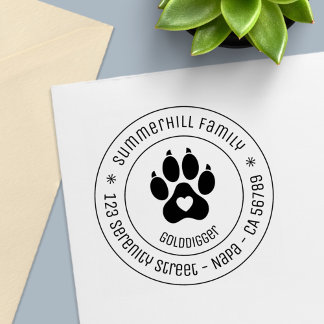 Family Name Dog Paw Print Round Address Zelfinktende Stempel