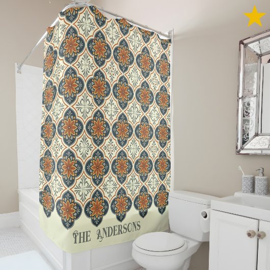 Family Name Spanish Tiles Flower Pattern Azulejos  Douchegordijn