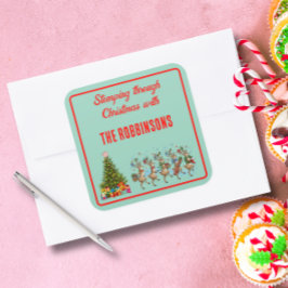 Family Name Whimsical Christmas Marching Reindeer Vierkante Sticker