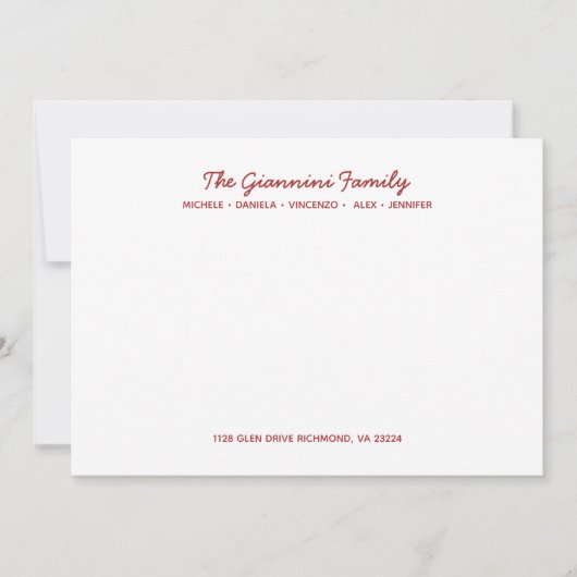 FAMILY NOTECARDS Cursive Name Address RED Notitiekaartje (Voorkant)
