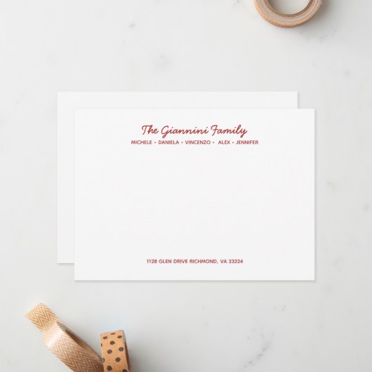 FAMILY NOTECARDS Cursive Name Address RED Notitiekaartje (Voorkant / Achterkant in situ)