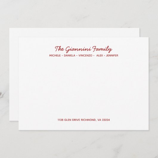 FAMILY NOTECARDS Cursive Name Address RED Notitiekaartje (Voorkant / Achterkant)