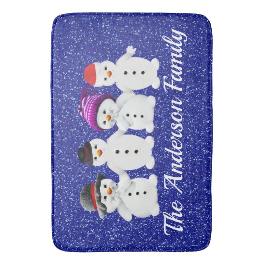 Family of Four Snowmen Blue Sparkle Winter Badmat (Voorkant Verticaal)