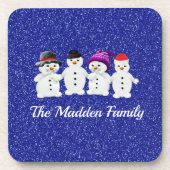 Family of Four Snowmen Blue Sparkle Winter Bier Onderzetter (Voorkant)