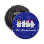 Family of Four Snowmen Blue Sparkle Winter   Button Flesopener (Voorkant)