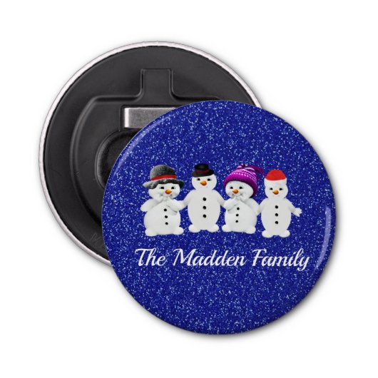 Family of Four Snowmen Blue Sparkle Winter   Button Flesopener (Voorkant)