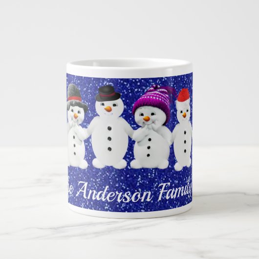 Family of Four Snowmen Blue Sparkle Winter    Grote Koffiekop (Voorkant)