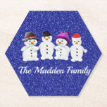 Family of Four Snowmen Blue Sparkle Winter Kartonnen Onderzetters<br><div class="desc">Snowmen Family of Four Personalized design with name or short zin of your Selce. Personalize with your familiy name as shown or create your very own special message. Perfect design for the winter foliday season.</div>